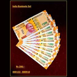 Rs 200 India Banknote Low Serial Semi Solid Set 000123 to 000910 Gem Unc Unique and Rare