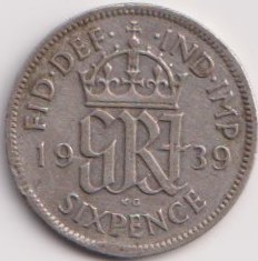 1939 England Six Pence George VI Silver Coin #PR78