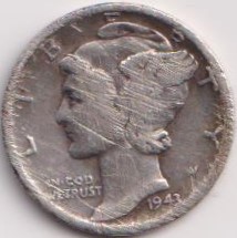 1943 America 1 Dime "Mercury Dime " Silver Wight 2.5 Gram #PR102