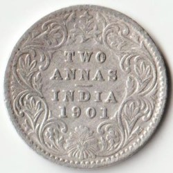 Rare Two Anna 1901 Victoria Empress British India Small Silver Beautiful Coin Extremely Fine Grade