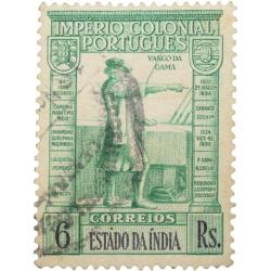 Postal Stamp of India Portugues - Green 6 Ries with Vasco Da Gama - Used as per Image.