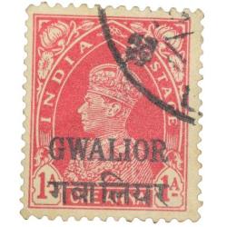 Postal Stamp of Indian Conventional States - Gwalior George VI Red 1 Anna - 'Gwalior' Over Printed i