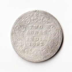 Rare Two Anna 1892 Victoria Empress of British India Small Silver Beautiful Coin
