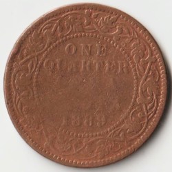Extremely Rare One Quarter Anna 1889 Copper Coin of Victoria Empress British India Coinage