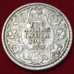 1917 India - British 2 Annas - George V Type II Silver Rare Coin Lowest Price #N211