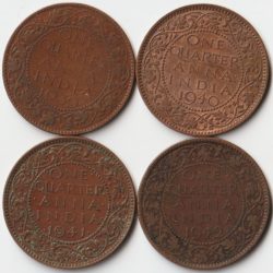 4 Coins Set of One Quarter Anna 1939 to 1942 Bronze Coin of King George VI British India Coinage