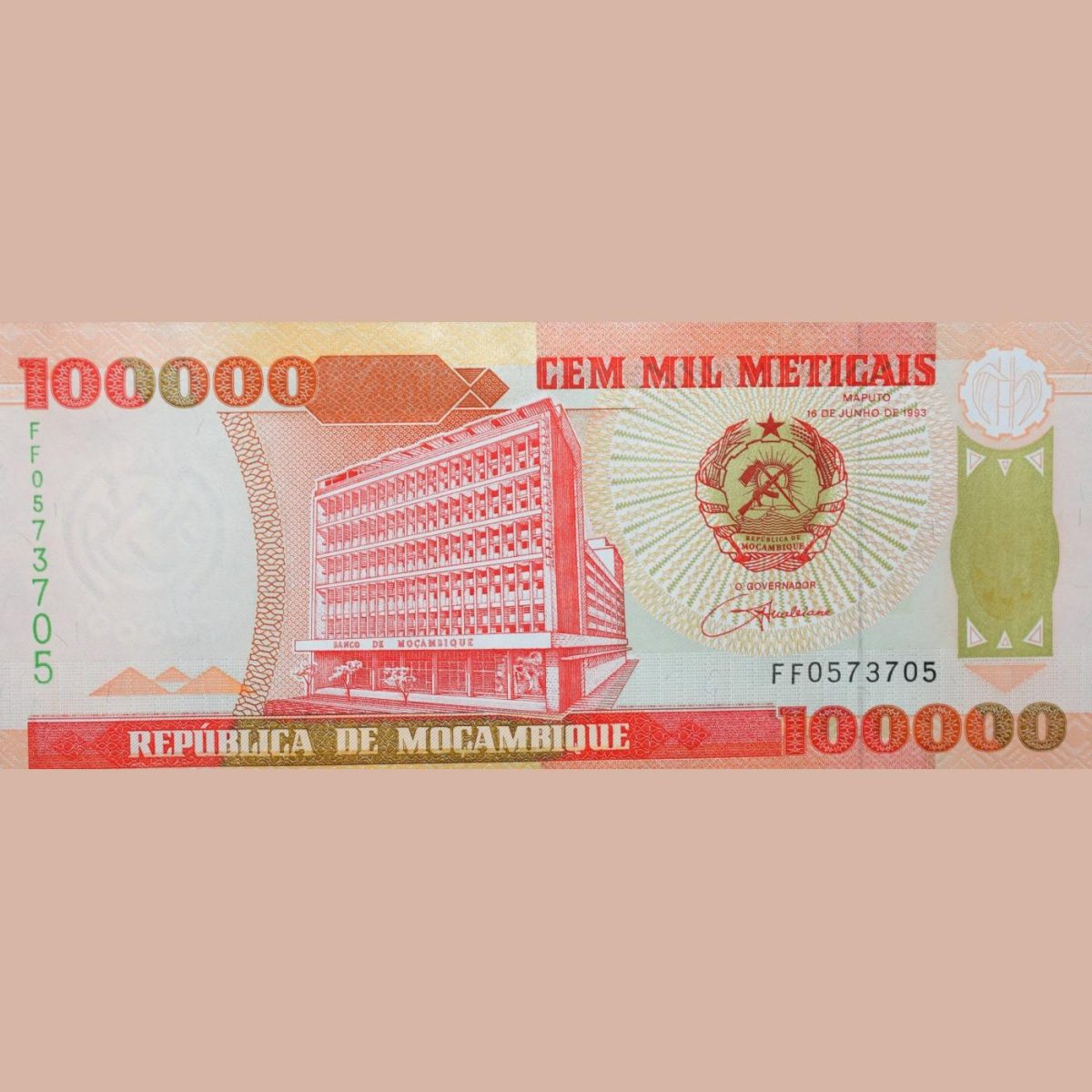 100000 Meticais of Mozambique Country (AD 1993) with Cahora Bassa hydroelectric dam and power statio