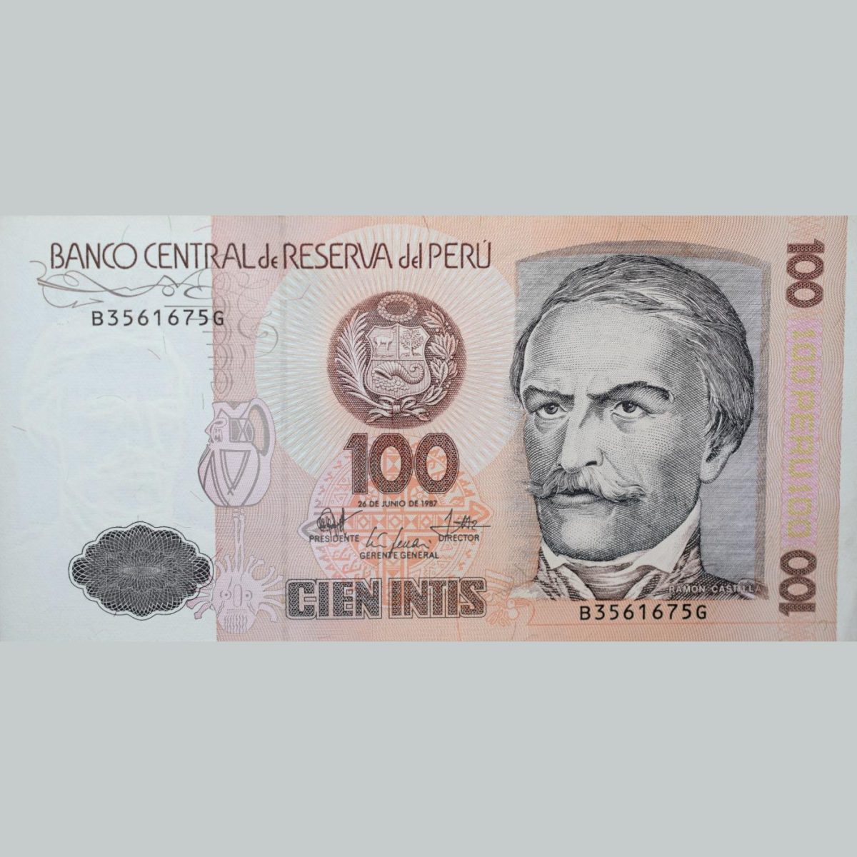 100 Intis of Peru Country (AD 1987) with woman at work at a ring spinning machine