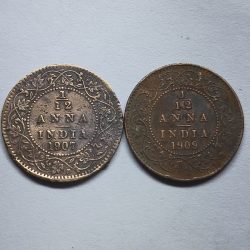 Rare 1/12 Anna 1907,1909 Two coin Set of Award VII Empress British India Copper Coin