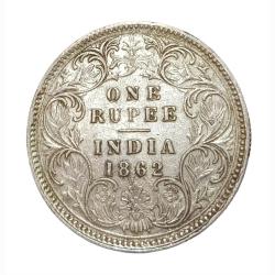 British India Silver Rupee Year 1862 Queen Victoria in High Grade.