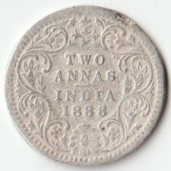 Rare Two Anna 1888 Victoria Empress of British India Small Silver Beautiful Coin