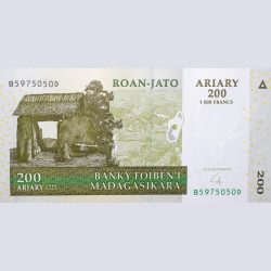 1000 Francs of Madagascar Country (AD 2004) with Old fortified village with a circular stone gate