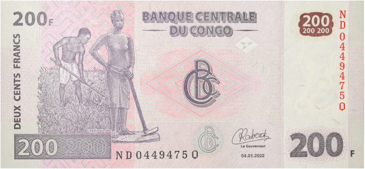 200 Francs of Congo Counry (AD 2022) with Telegraphic gong drummers