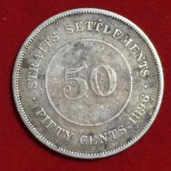 1896 Straits Settlement , British malaysia 50 cent Victoria Silver Very Rare Coin # o-5