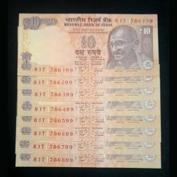 Ten Rs Old Fancy Number Note Set 786199-786899 8 Pcs Set Unc Condition