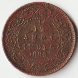 Extremely Rare and Fine 1/12 Anna 1886 Copper Coin of Victoria Empress British India Coinage