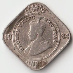 Extremely Rare Two Anna 1934 Copper-Nickel Coin of King George V British India Coinage