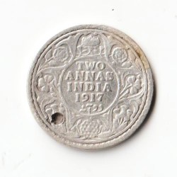 Two Anna India 1917 of George V King Emperor Silver British India Coin Calcutta Mint