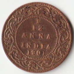 Top Grade Extremely Rare 1/12 Anna 1901 Copper Coin of Victoria Empress British India Coinage