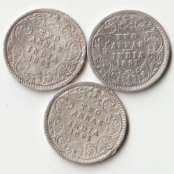 Rare Two Annas 1891 Silver Coin of Victoria Empress British India Coinage Randomly Single Coin Given from a Set