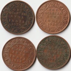 Four Coins Set of One Quarter Anna 1936 Bronze Coins of King George V British India Coinage