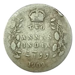 Extremely Rare Two Annas 1909 Calcutta Mint of Edward Vii British India Silver Coin #NH1063
