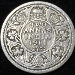 1914 India - British 2 Annas - George V Type II Silver Rare Lowest Price Coin #V175