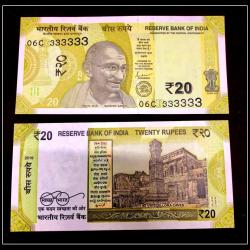 Rs 20 India Banknote Solid Fancy Number 333333 Latest Issue Gem unc Unique and Rare
