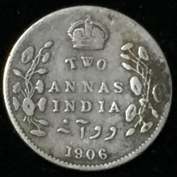 1906 Edward Silver Two Anna British India Coin#S306