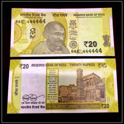 Rs 20 India Banknote Solid Fancy Number 444444 Latest Issue Gem unc Unique and Rare