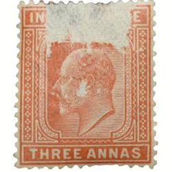 Postal Stamp of Edward VII 3 Annas - Orange Colour - Mint Un-Used Damaged Condition as per Image.