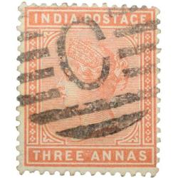 Postal Stamp of Victoria 3 Annas - Orange Colour - Used Condition as per Image.