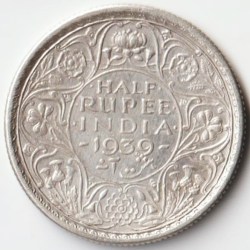 Rare Half Rupee 1939 Matured Head Silver Coin of King George VI British India Coinage