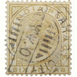 Postal Stamp of Victoria 6 Annas - Olive-Blister Colour - Used as per Image.