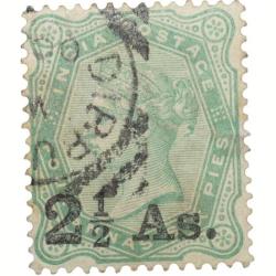 Postal Stamp of Victoria 4 Annas 6 Pies - Green Colour - Over Printed in Black '2-1/2' Annas - Used