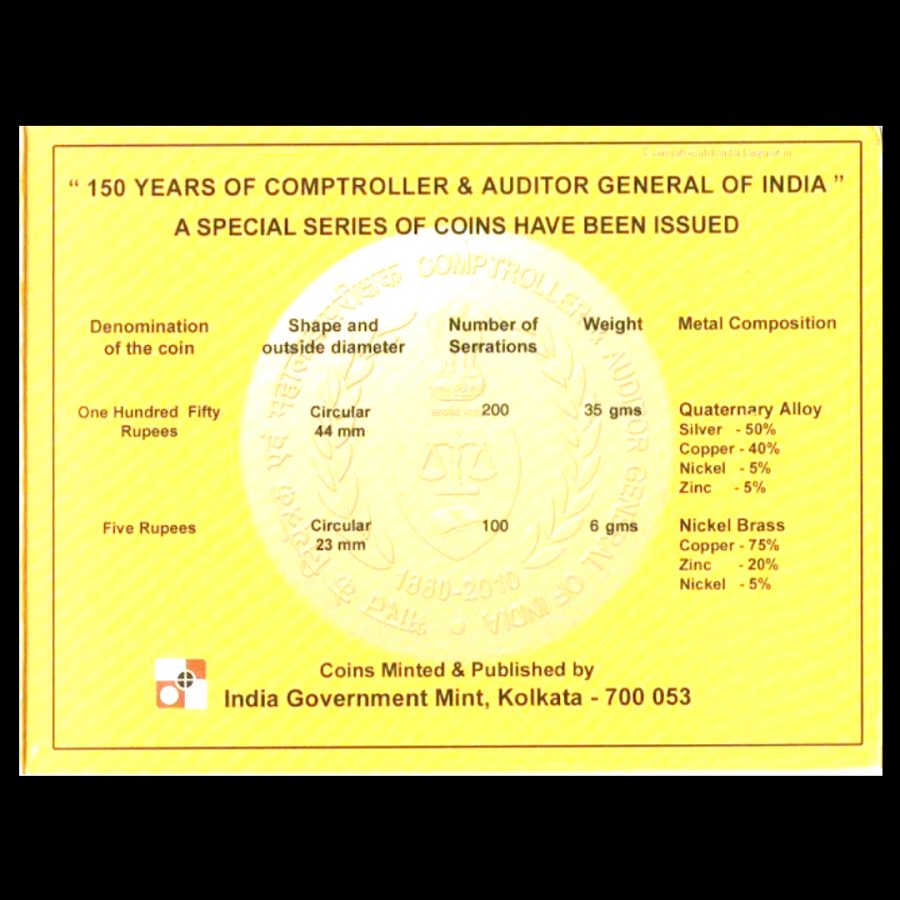 50 Years Of Comptroller & Auditor 2010 Proof Set 150 Ruppes and 5 Ruppes Coin Set Kolkata Mint issue