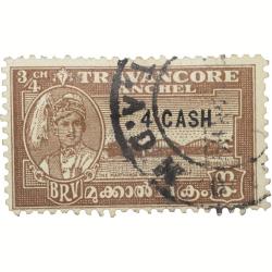 Postal Stamp of Travancore Anchel State 3/4 Chukram Brown Colour - Over Printed in Black '4 Cash' -