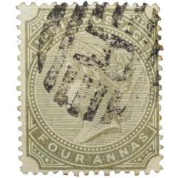 Postal Stamp of Victoria 4 Annas (AD 1866) Olive-Green Colour - Used Condition as per Image.
