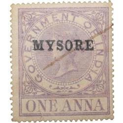 Postal Stamp of Victoria 1 Annas Purple Colour - Over Printed in Black 'Mysore' - Used Condition as