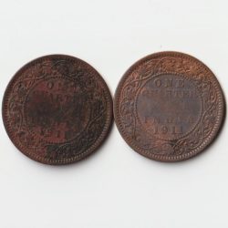 Rare Combo Set of One Quarter Anna Same Year 1911 Copper Coins of King George V British India Coinage
