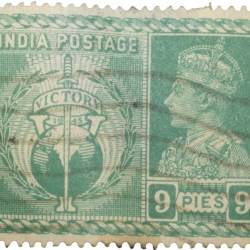 Postal Stamp of George VI - Victory 9 Pies Green Colour Used Condition as per Image.