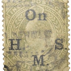 Postal Stamp of Edward VII 4 Annas Olive Colour - Over Printed in black 'ON H.M.S., - Used Condition