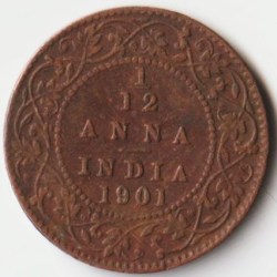 Extremely Rare 1/12 Anna 1901 Copper Coin of Victoria Empress British India Coinage
