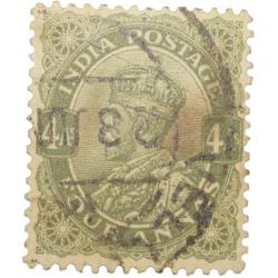 Postal Stamp of George V 4 Annas - Sage Green Colour - Ty.71 Stanely Gibbson - Used as per Image.