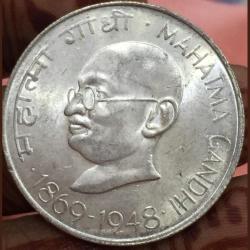 10 Ruppes Mahatma Gandhi 1969 silver unc silver coin, weight 15 gram, (silver 80% )Unc coin