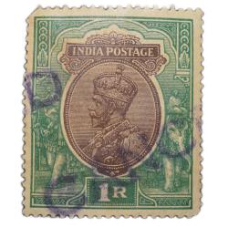 Postal Stamp of British India George V Green & Brown 1 Rupee - Stamped 'Cancelled' with Blue Ink - M