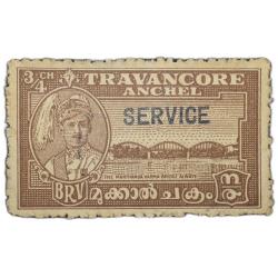 Postal Stamp of Travancore Anchel Brown Colour 3/4 Chukram - 'Service' Over Printed in Black - Used