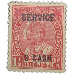 Postal Stamp of Travancore Anchel Red Colour 1 - 1/2 Chukram - 'Service - 2 Cash' Over Printed in Bl