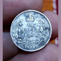 British India Silver 1/4 Rupee 1906 King Edward-VII **Scare** Used Condition.