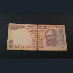 10 Rupees Gandhi Series Signature Raghu RAM Rajan Small Digits Semi Super Fancy Number 07-777777 **Rare** Used Repaired Condition.